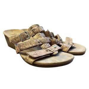 Vionic Women Cork Strappy Slip‎ On Wedge Sandals Tan Size 8 Comfort Orthotic